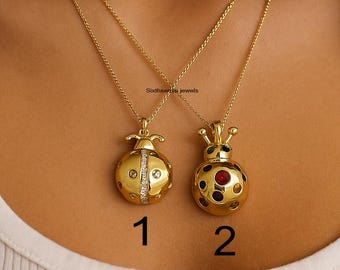 14K Gold Plated Ladybug Pendant, CZ Silver Bug Charm