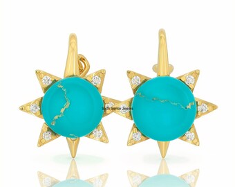 Turquoise Starburst Stud Earrings: 925 Sterling Silver, CZ Accents