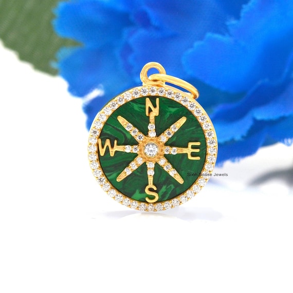 Malachite Compass Pendant: 925 Silver Round Charm