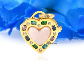 925 Silver Heart Box Locket: Opal & CZ Gemstone Pendant