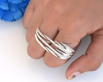 925 Silver Pave Diamond Two Finger Ring: Gemstone Double Band