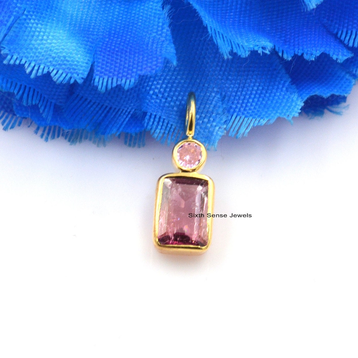 14K Solid Gold Square Cut Charm Pink Tourmaline Square Charm Etsy