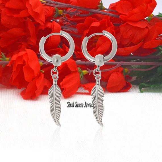 Sterling Silver Feather Hoop Earrings: Angel Wing Dangle, 20MM