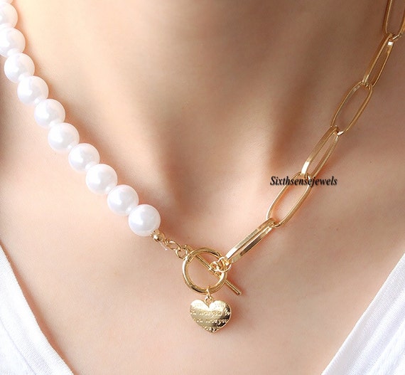 Pearl Paperclip Chain Necklace: Sterling Silver Heart Charm