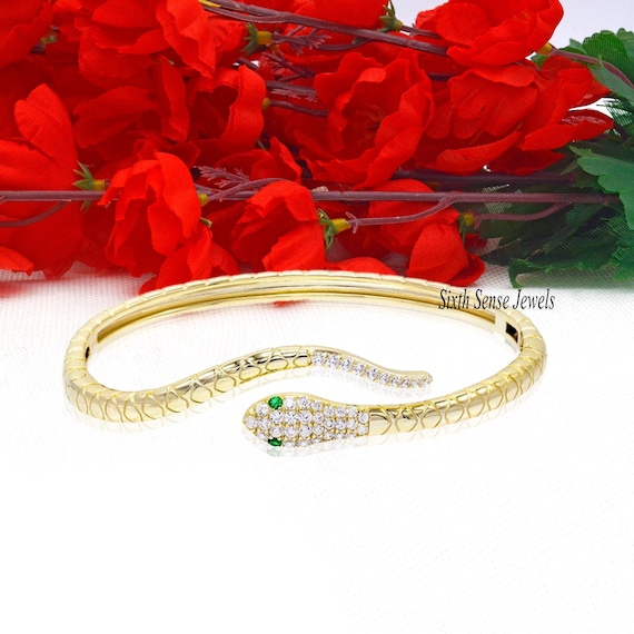 Diamond Snake Cuff Bangle: Emerald Eyes, 925 Silver Serpent Bracelet