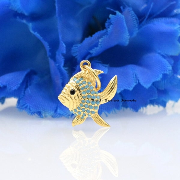 14K Gold Diamond Fish Pendant, Solid Gold Fish Pendant, Sealife Animal Fish Pendant, Gemstone Fish Charm, Handmade Fish Charm, Fish Jewelry