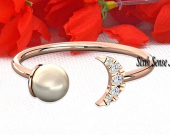 925er Silber Perle Mond Ring: Moissanit Halbmond offener Ring