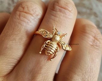 14K Gold Honey Bee Moissanite Ring, Dainty Stacking Ring