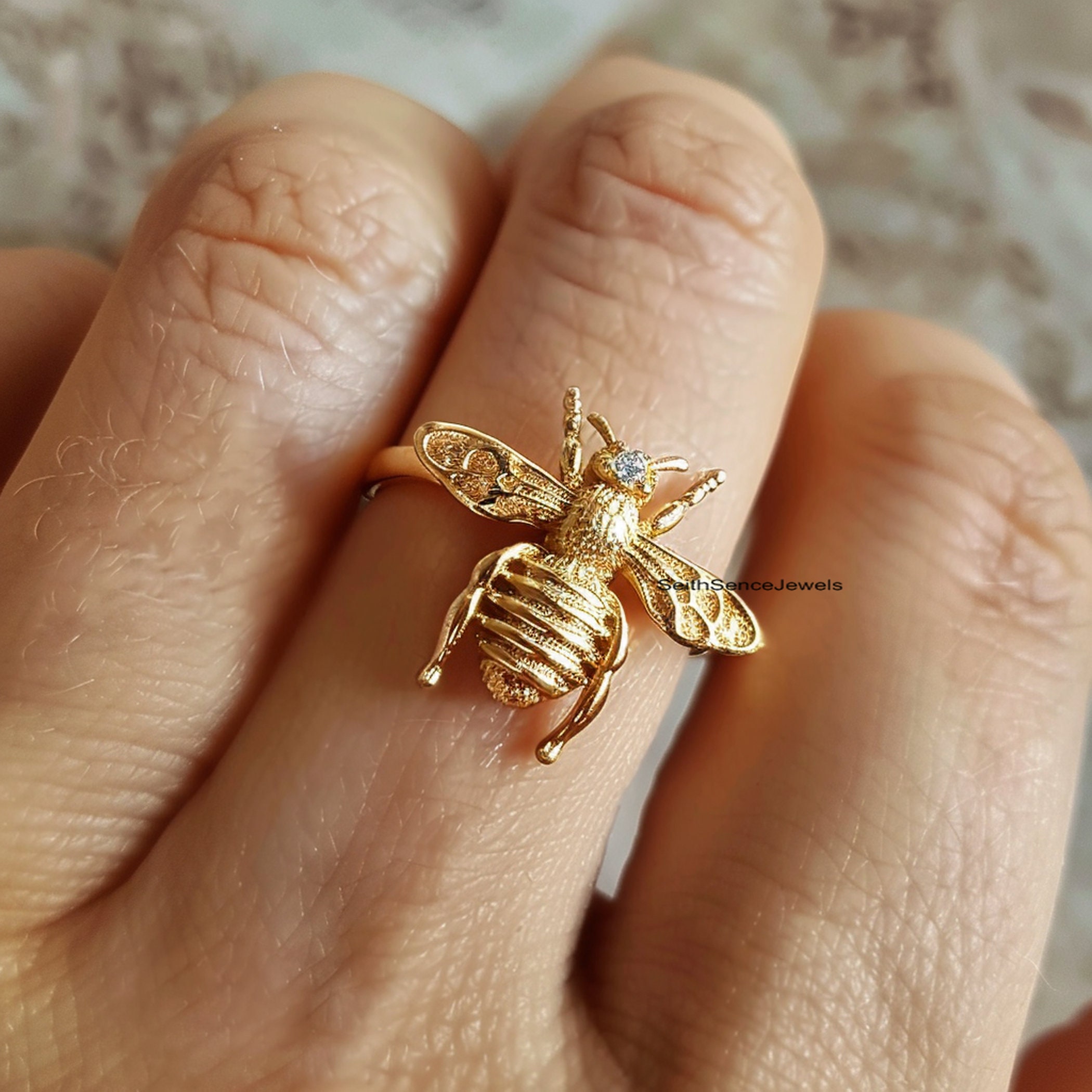 14K Gold Honey Bee Ring, Diamond Honey Bee Ring, Dainty Honey Bee Ring,  Delicate Unique Honey Bee Ring, Bumble Bee Stacking Ring