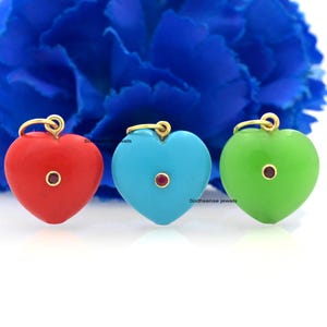 14K Gold Puffy Heart Pendant, Carved Gemstone Charm with Ruby Accent