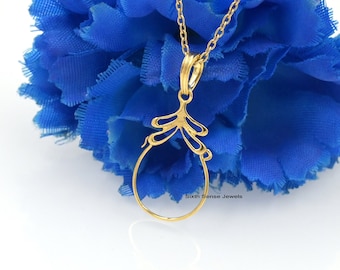 14k Solid Gold Leaf Charm Holder Pendant: Celestial Jewelry