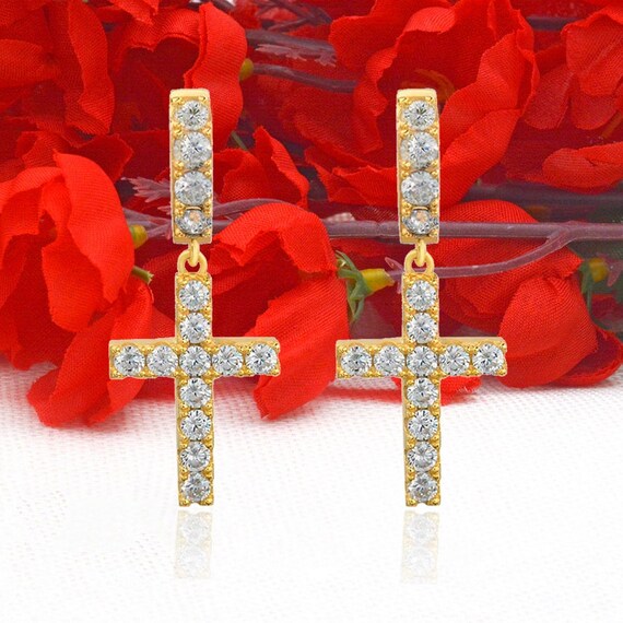 Moissanite Cross Hoop Earrings: 14K Gold Plated Sterling Silver