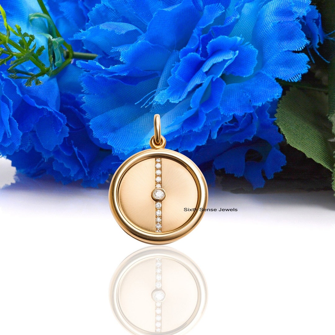 14K Gold Diamond Round Pendant, Pave Diamond Round Charm, Unique Disc