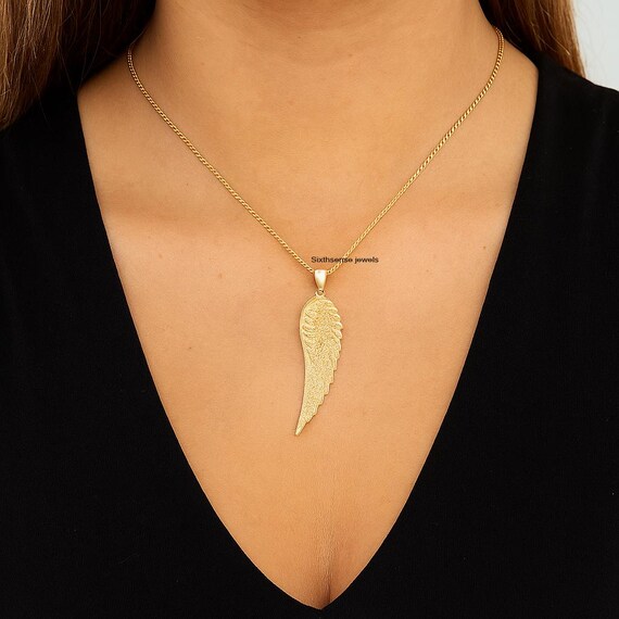 14K Gold Angel Wing Pendant, Sterling Silver Feather Charm - Etsy 