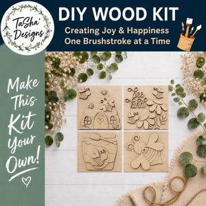 May include: DIY wood kit featuring four wooden panels with bee-themed designs. Includes a bee house, flowers, a honey pot, and a bee. The kit includes the text "Creating Joy & Happiness One Brushstroke at a Time" and "Make This Kit Your Own!"