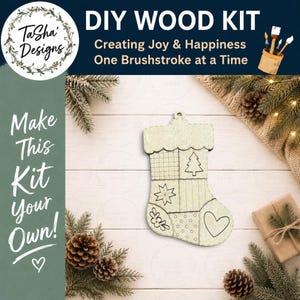 May include: A light-colored wooden Christmas stocking cutout featuring engraved patterns including a pine tree, a star, a heart, and floral motifs. The stocking has a hole at the top for hanging and is designed for DIY painting and crafting projects.