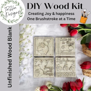 May include: A DIY wood kit featuring four square unfinished wood blanks with ladybug designs. The text includes "Cute as a Bug", "LOVE", "Bugs and hugs", and "Ladybug CROSSING". The kit is labeled "DIY Wood Kit" and "Unfinished Wood Blank".