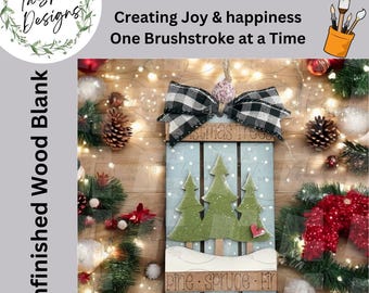 May include: A DIY wood kit featuring a light blue wooden sign with three green pine trees, a small red heart, and the text "Pine Spruce Fir" at the bottom. The sign is topped with a black and white buffalo check bow and a jute hanging cord.