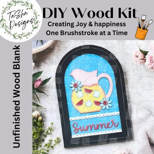 May include: Unfinished wooden cutout of a pitcher with a summer theme. The pitcher is yellow with red watermelon slices and blue and white polka dots. The words "Summer" are written in red on a blue background. The cutout is framed in black.
