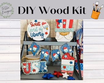 DIY 4th of July Tiered Tray Sign Set, Unfinished Wood Blanks, DIY Wood Kit, Patriotic, Flag Day, America, Sweet Land of Liberty, Home Decor