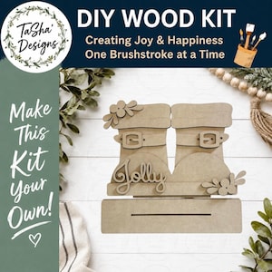May include: A DIY wood kit featuring unfinished laser-cut wooden pieces of two boots with buckles, floral accents, and the word Jolly in script. The kit includes a rectangular base with a slot for assembly, designed for crafting and painting projects.