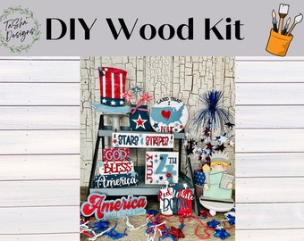 DIY Patriotic 4th of July Tiered Tray Sign Set, Unfinished Wood Blanks, DIY Wood Kit, DIY Crafts, Home Decor