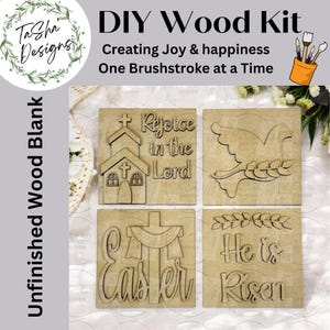 May include: DIY wood kit with four unfinished wooden plaques featuring Easter-themed designs. The plaques include a church, a dove, a cross with a banner, and the words "He is Risen". The plaques are ready to be painted and decorated.