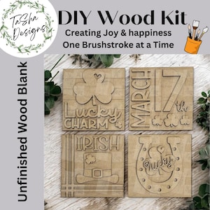 May include: Four unfinished wooden squares with a St. Patrick's Day theme. The squares feature the text "Lucky Charm", "March 17th", "Irish", and a horseshoe with a clover and the text "Lucky".