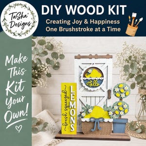 May include: A DIY wood kit with a lemon theme. The kit includes a wooden door, a basket, and two topiary trees. The text "Hello" is on the door, and "fresh squeezed lemons" is on a sign. The kit is designed to be painted.