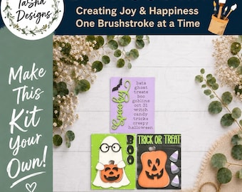 Puede incluir: Un kit de madera para manualidades con tres letreros rectangulares de Halloween. Un letrero morado tiene el texto bats, ghost, treats, boo, goblins, oct 31, witch, candy, tricks, creepy, halloween. Otro es verde con un fantasma blanco sosteniendo una calabaza. El tercero es negro con una calabaza naranja y dulces.