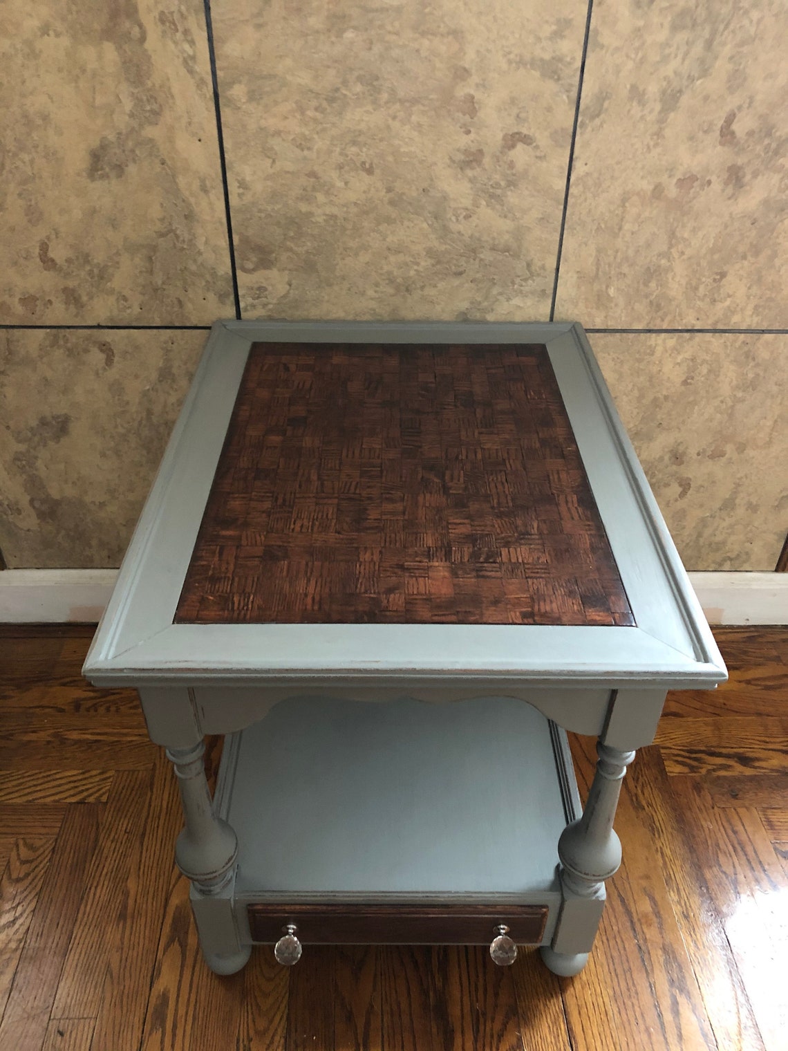 VINTAGE Ethan Allen solid oak twotone end table with glass Etsy