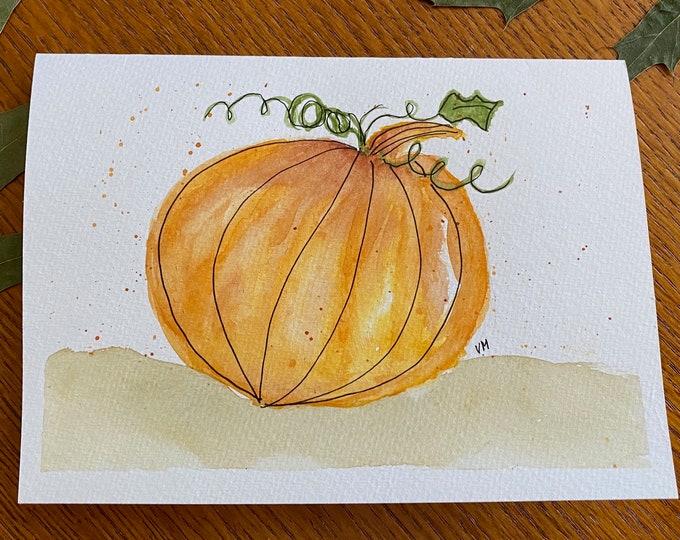 Watercolor Fall Autumn Thanksgiving Pumpkin Greeting Card, Loose, 5x7"