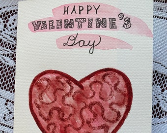 Red Heart Valentine's Card, Glitter, Doodle, Hand Painted Watercolor & Ink, Original, 5x7