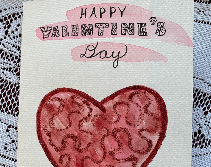Red Heart Valentine's Card, Glitter, Doodle, Hand Painted Watercolor & Ink, Original, 5x7