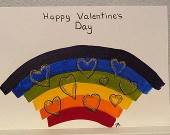 Rainbow Valentine's Day Card, Hand Painted by me, Watercolor & Ink, Glitter, Hand Scripted, LGBTQ