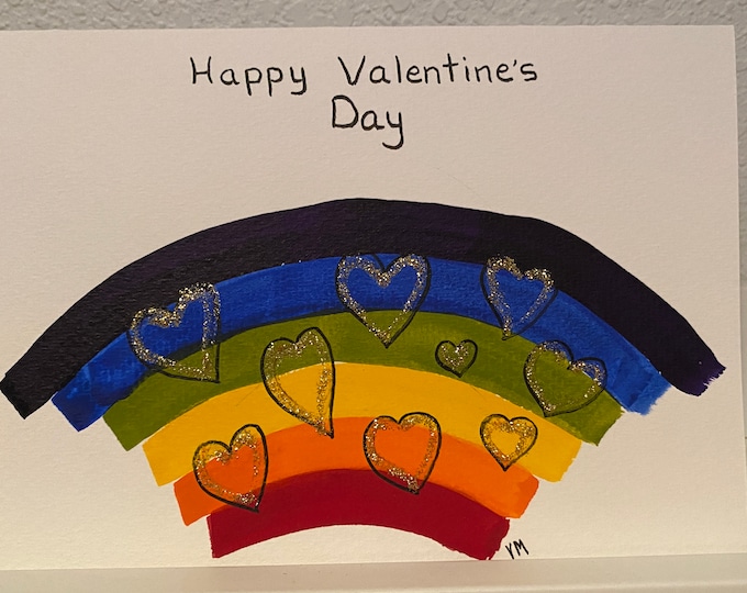 Rainbow Valentine's Day Card, Hand Painted by me, Watercolor & Ink, Glitter, Hand Scripted, LGBTQ