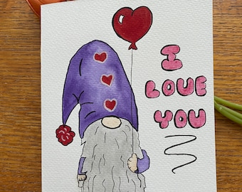 Gnome Valentine's Day Card, Hand Painted Watercolor & Ink, Valentine Balloon, 5x7, I Love You