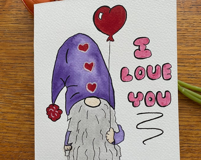 Gnome Valentine's Day Card, Hand Painted Watercolor & Ink, Valentine Balloon, 5x7, I Love You