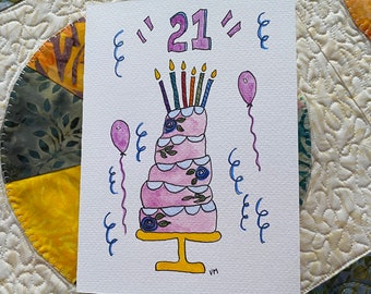 Watercolor Birthday Card, 21, Personalize with Age, Candles, Whimsical, 5x7, Inside Message, Happy Birthday, Pink Cake, ships in 2 days
