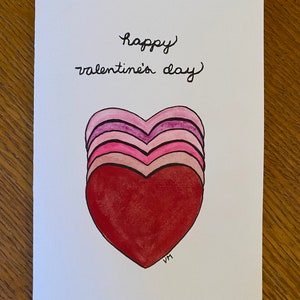 Valentine&#39;s Day Card, Hand Painted Watercolor & Ink, Lots of Hearts, Original, 5x7, Handwritten, Red and Pink