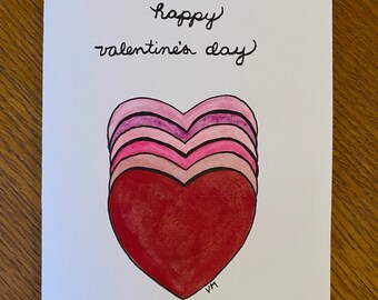 Valentine's Day Card, Hand Painted Watercolor & Ink, Lots of Hearts, Original, 5x7, Handwritten, Red and Pink