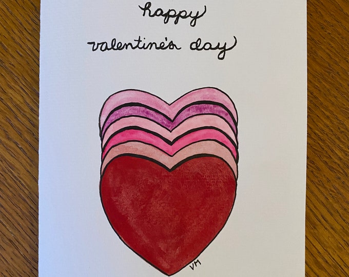 Valentine's Day Card, Hand Painted Watercolor & Ink, Lots of Hearts, Original, 5x7, Handwritten, Red and Pink