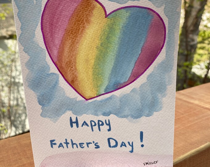 Father's Day Card Shimmer Watercolor Rainbow Heart, Hand Painted Happy Father's Day written on front, 5x7" Ready to ship, LGBTQ