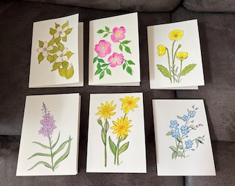 Watercolor Alaskan Wildflower Blank Greeting Cards, Set of 6, 4X6", Assorted Flowers