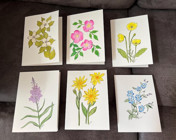 Watercolor Alaskan Wildflower Blank Greeting Cards, Set of 6, 4X6", Assorted Flowers
