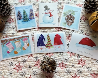 Christmas Cards - Hand Painted Watercolor - Whimsical, boxed set, 4" x 6", with red envelopes, Set of 6, free shipping