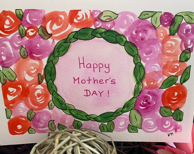 Mother's Day Floral Watercolor Card, Pink Orange Roses, Happy Mother's Day hand written, Original hand painted, 5x7"