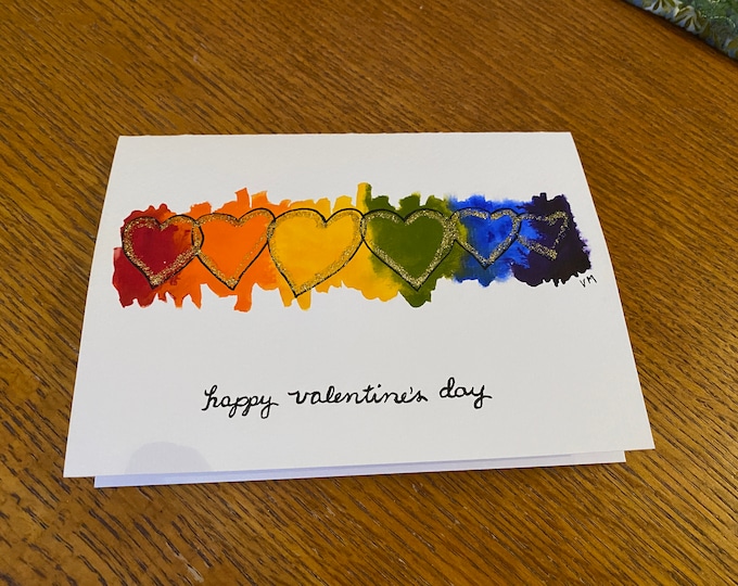 Rainbow Valentine's Day Card, Hand Painted Watercolor & Ink, Glitter, Original, 5x7, Love, Pride, LGBTQ