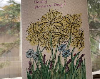 Mother's Day Greeting Card, Watercolor Doodle, Shimmer paint, Ready to Ship, 5x7"