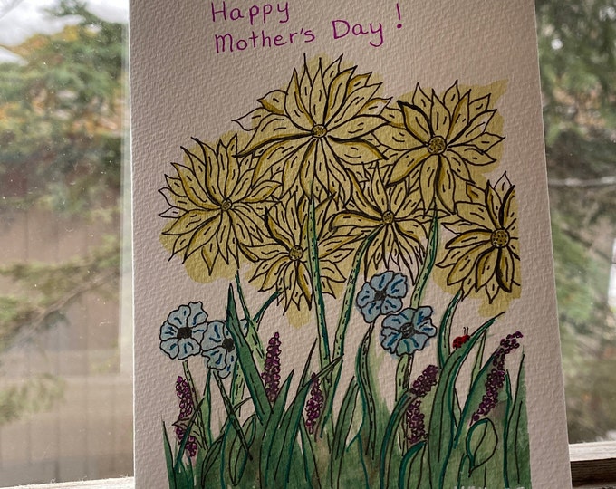 Mother's Day Greeting Card, Watercolor Doodle, Shimmer paint, Ready to Ship, 5x7"